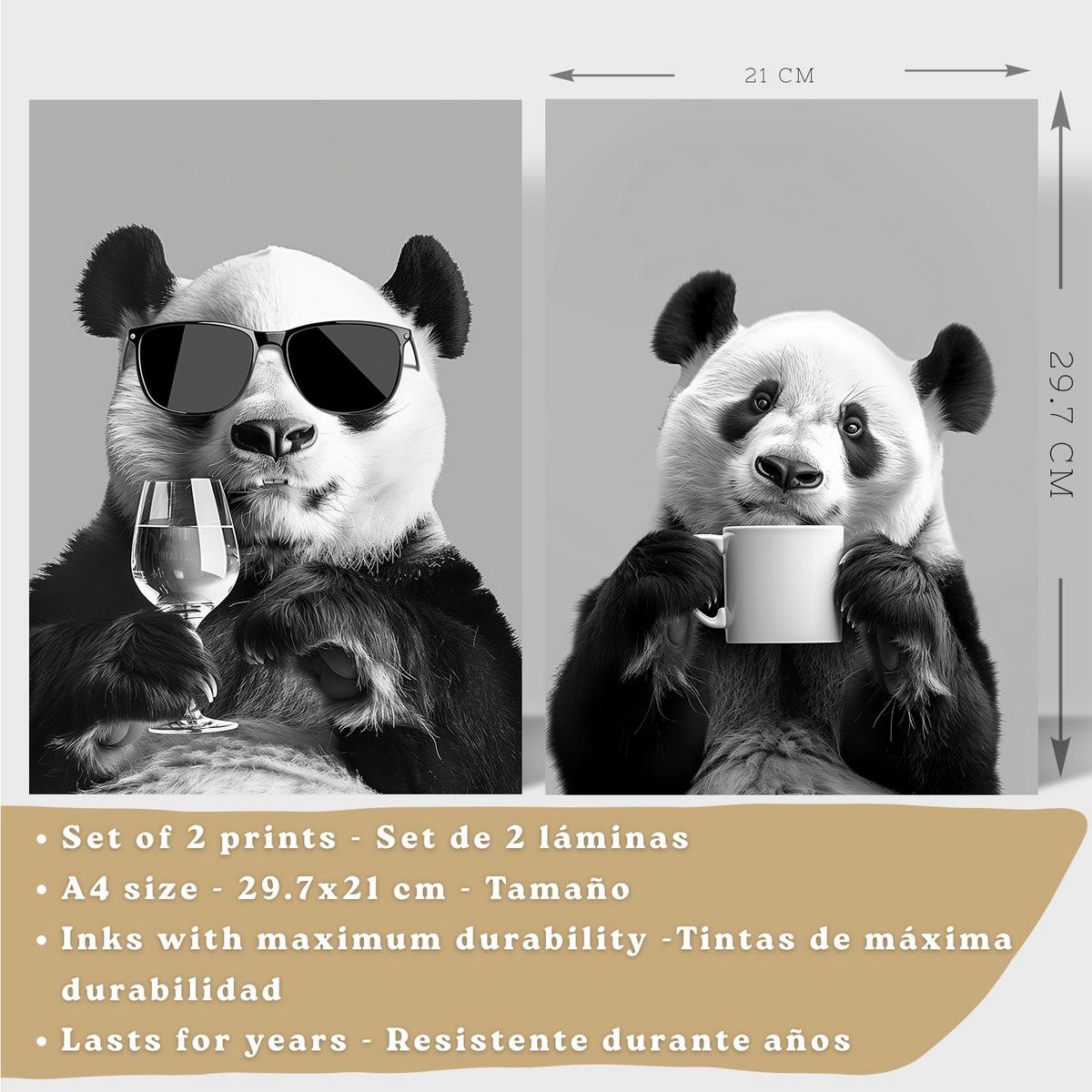 POSTER 2er Set Lustige Panda-Wandbilder Schwarz Weiß Tier Weinglas und Kaffeetasse Küche Wanddeko Rahmenlos A4 - Beige, Papier (29.7/1/21cm) - Nacnic