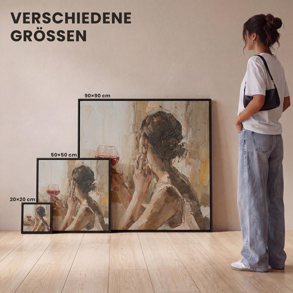 LEINWAND Bilder mit Rahmen - Ölgemälde - Frau - Wein - 90x90 - Hellbraun, Textil (90/90cm) - MuchoWow
