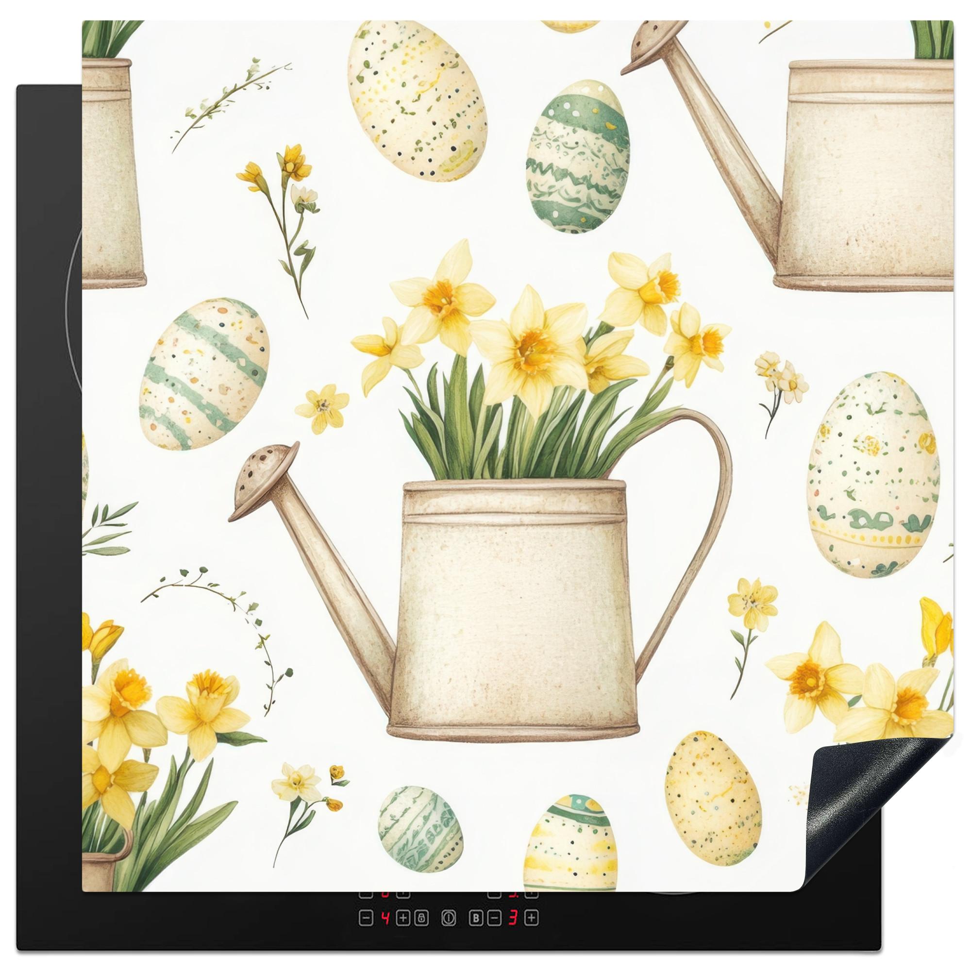 HERDABDECKPLATTE Gießkanne - Blumen - Eier Induktionsmatte 78x78 cm - Weiß, Kunststoff (78/78/0.2cm) - MuchoWow