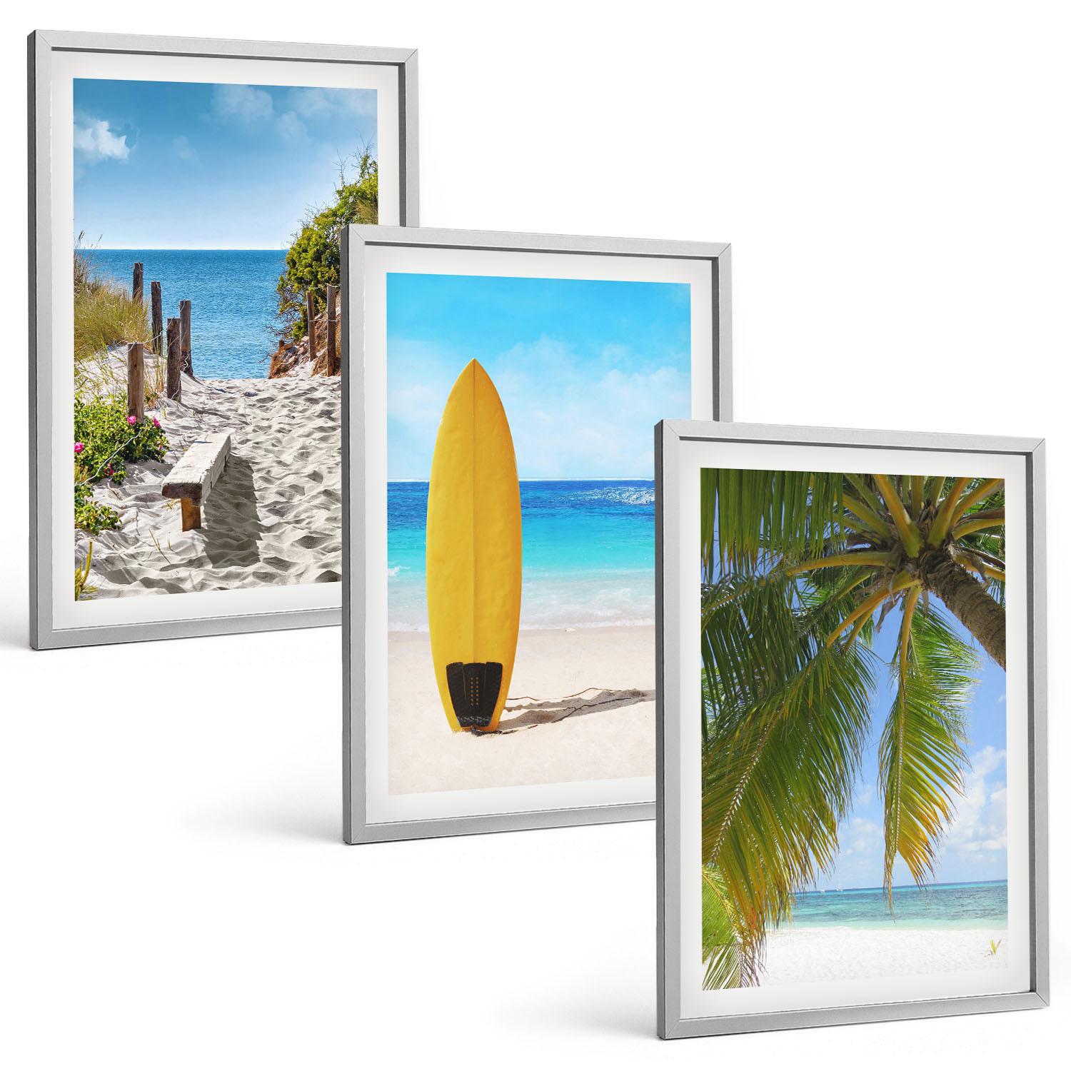 BILDER SET 3er Set - 40x60 cm Silberner Rahmen - Urlaubsstrände, Wellen, Palmen - Silberfarben, Kunststoff (40/60cm) - TULUP