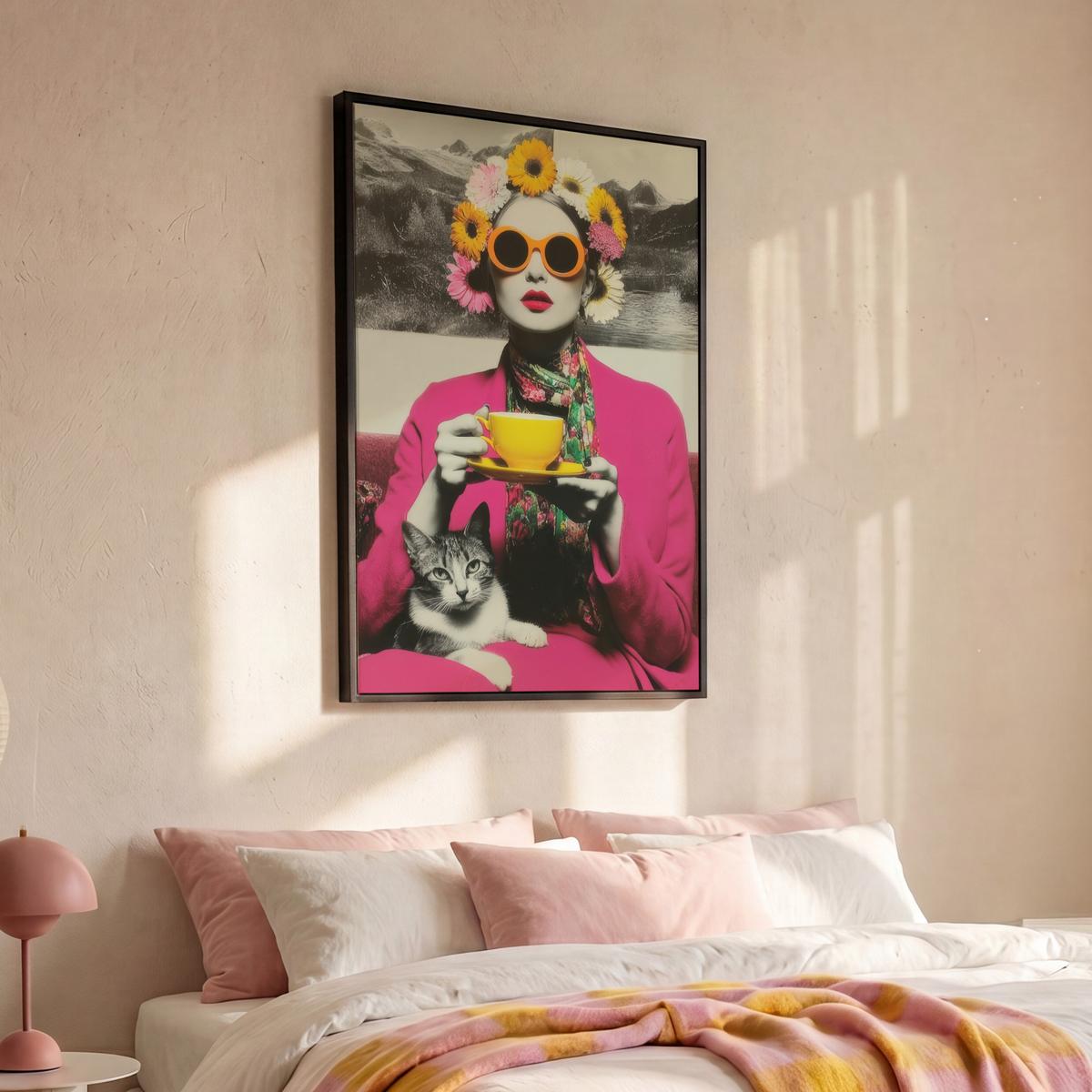 LEINWAND Bilder mit Rahmen - Frau - Katze - Blumen - Tasse - Retro - 90x140 - Magenta, Textil (90/140cm) - MuchoWow