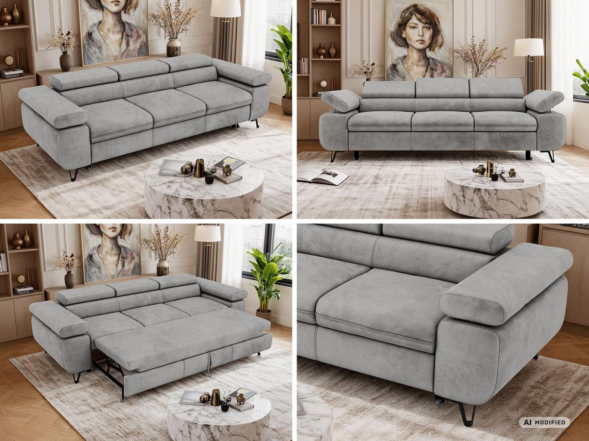 3-SITZER SOFA PETER mit Schlaffunktion - Hellgrau Velvet - Silberfarben/Hellgrau, Textil/Metall (262/76/99cm) - MKS