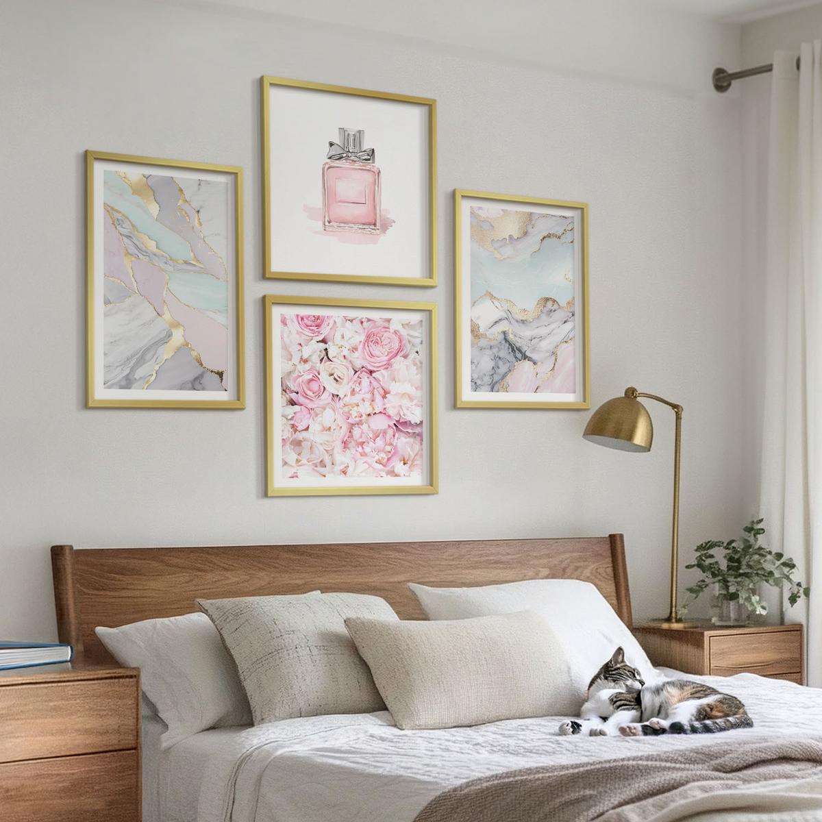 BILDER SET 4er Set - 50x50 cm & 40x60 cm Goldrahmen - Rosa Blumen Marmor Pastell - Goldfarben, Kunststoff (50/50cm) - TULUP