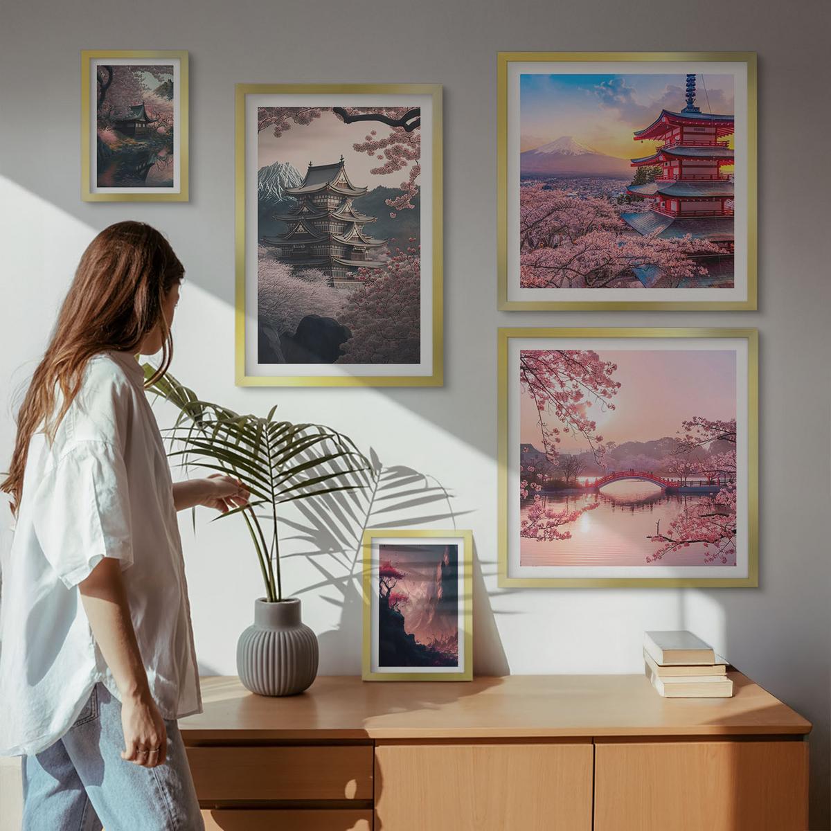 BILDER SET 5er Set - 50x50 cm & 20x30 cm & 40x60 cm Goldrahmen - Fantasielandschaften Japans - Goldfarben, Kunststoff (40/60cm) - TULUP