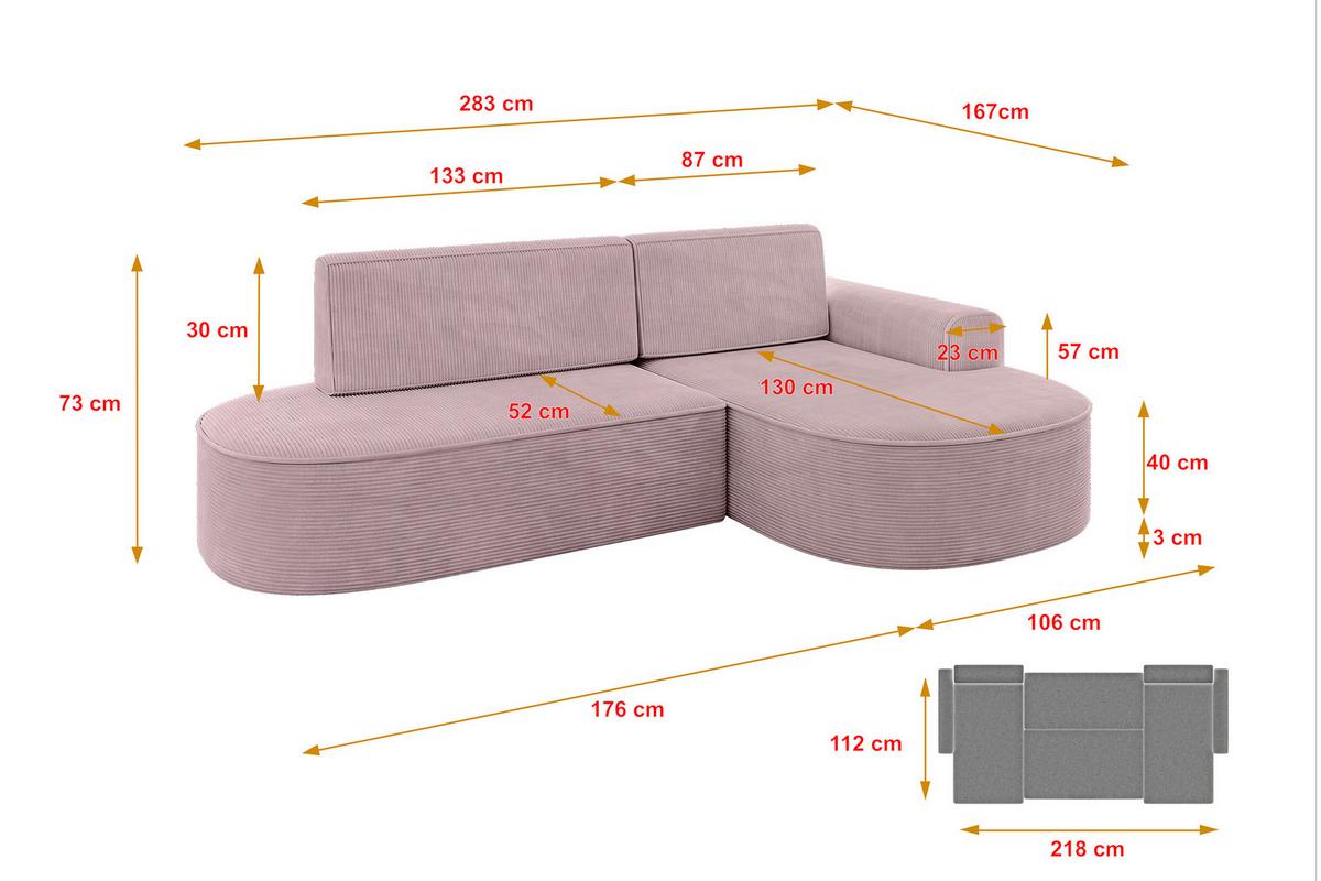 ECKSOFA mit Schlaffunktion und Bettkasten Ottomane Rechts MARI-L1-S - 283x167x73 cm Rosa Cord - Schwarz/Rosa, Holzwerkstoff/Kunststoff (167/283cm) - ALTDECOR