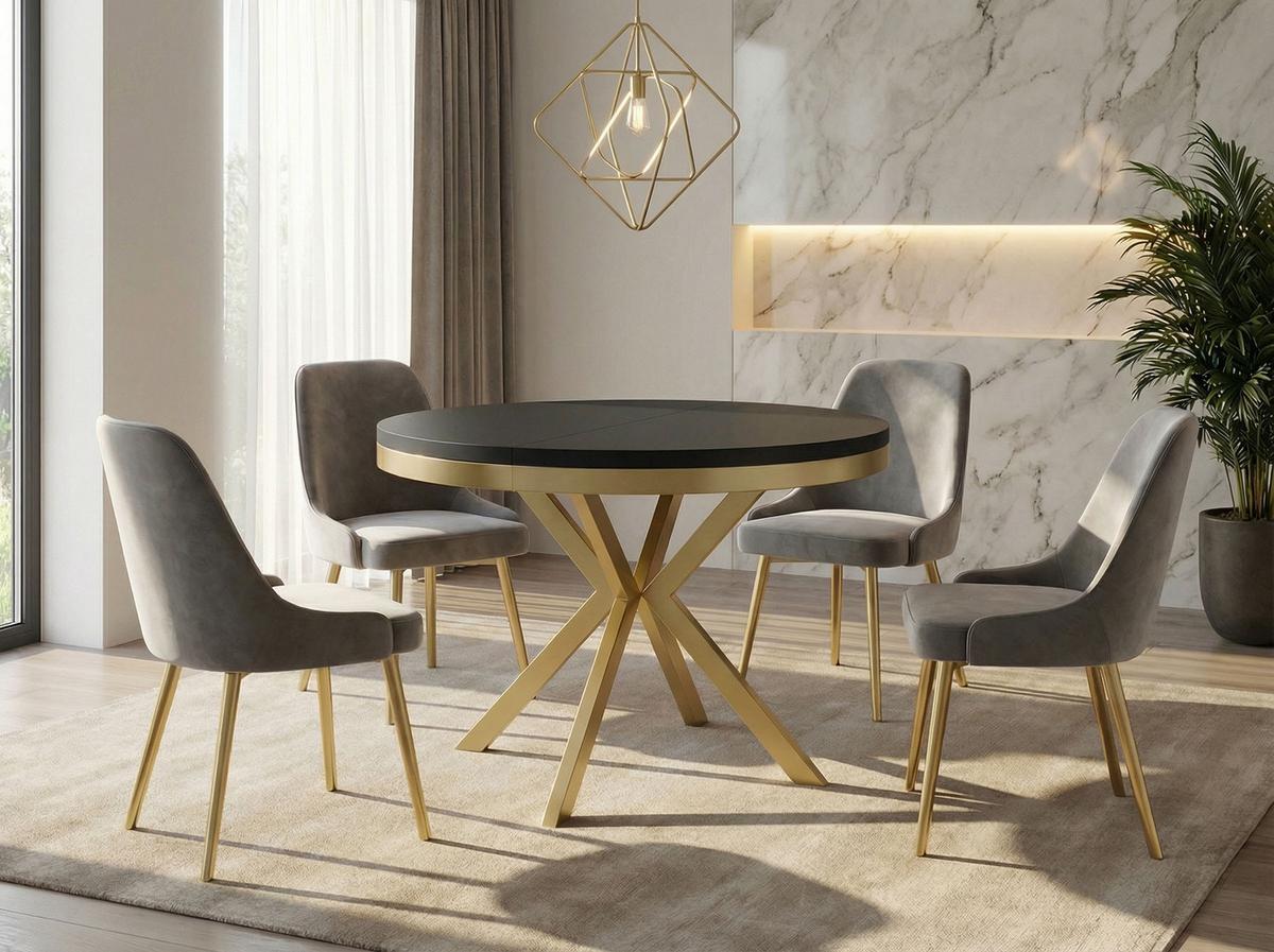 ESSTISCH Dina runder ausziehbarer, Schwarz 90-170/90/76 cm - Goldfarben/Schwarz, Holzwerkstoff/Metall (90/170/76cm) - WFL GROUP