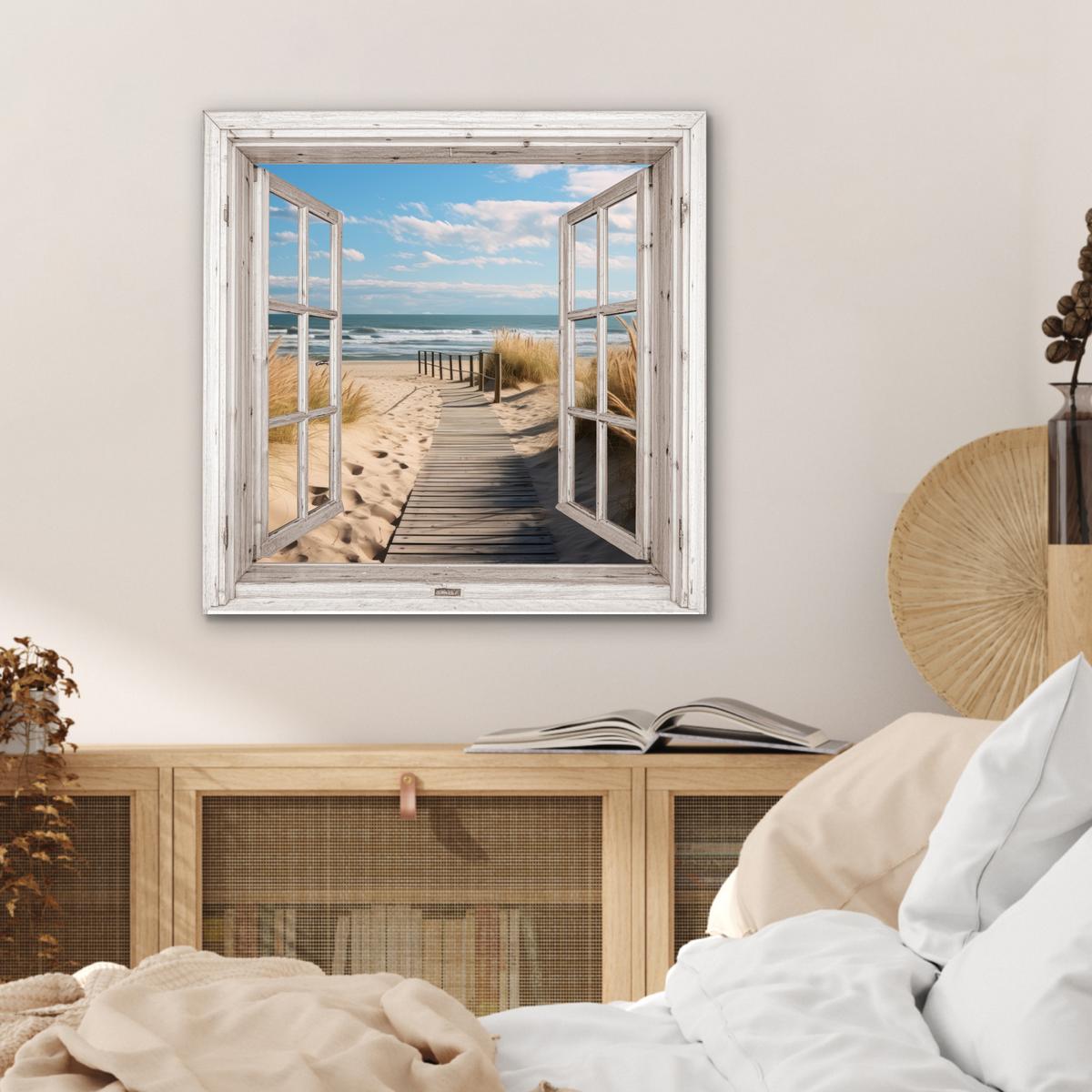 METALLBILD Fenster - Meer - Küste - Natur - Ausblick - Strand - Wattenmeer 50x50 cm - Beige, Metall (50/50cm) - MuchoWow
