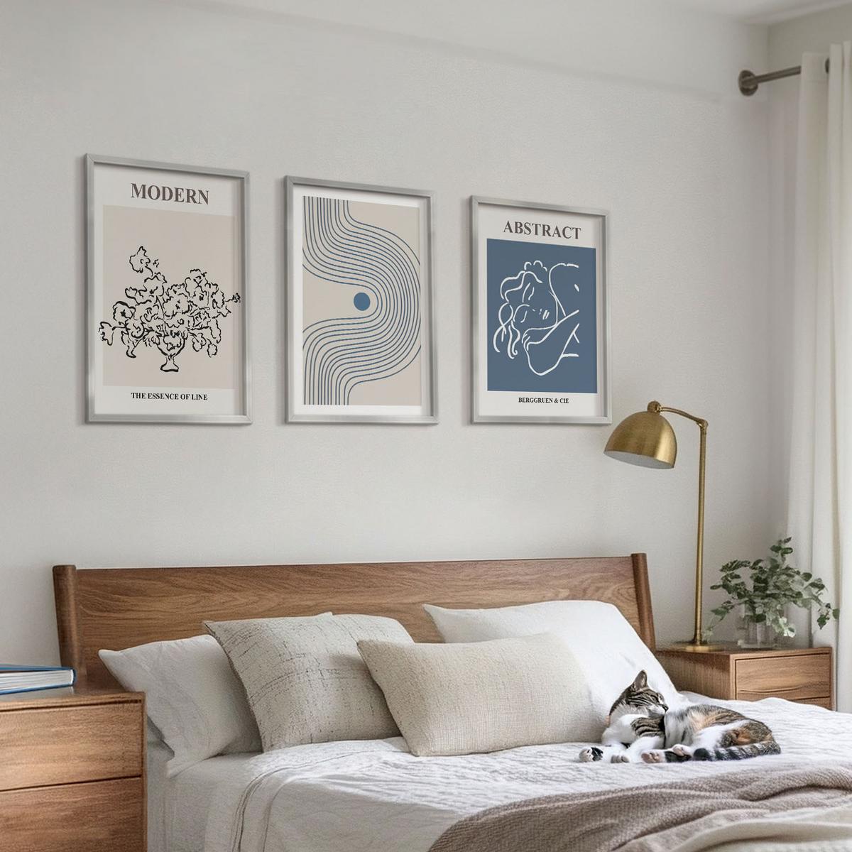BILDER SET 3er Set - 40x60 cm Silberner Rahmen - abstrakte Poster mit Blumenlinien - Silberfarben, Kunststoff (40/60cm) - TULUP