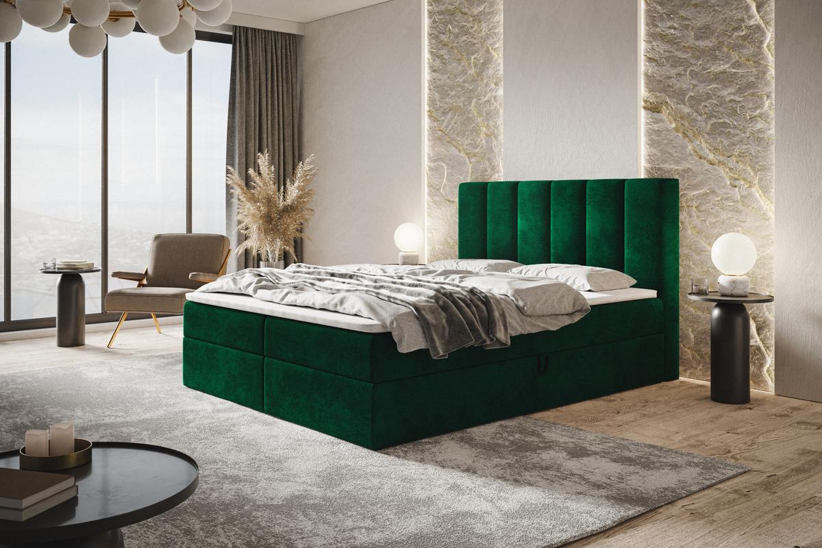 BOXBETT TOKIO mit 2 Bettkästen, 140x200, Farbe: Dunkelgrün, Velourstoff, Doppelbett mit Bonell-Matratze - Dunkelgrün, Holz/Kunststoff (140/200cm) - Alpi-Möbel