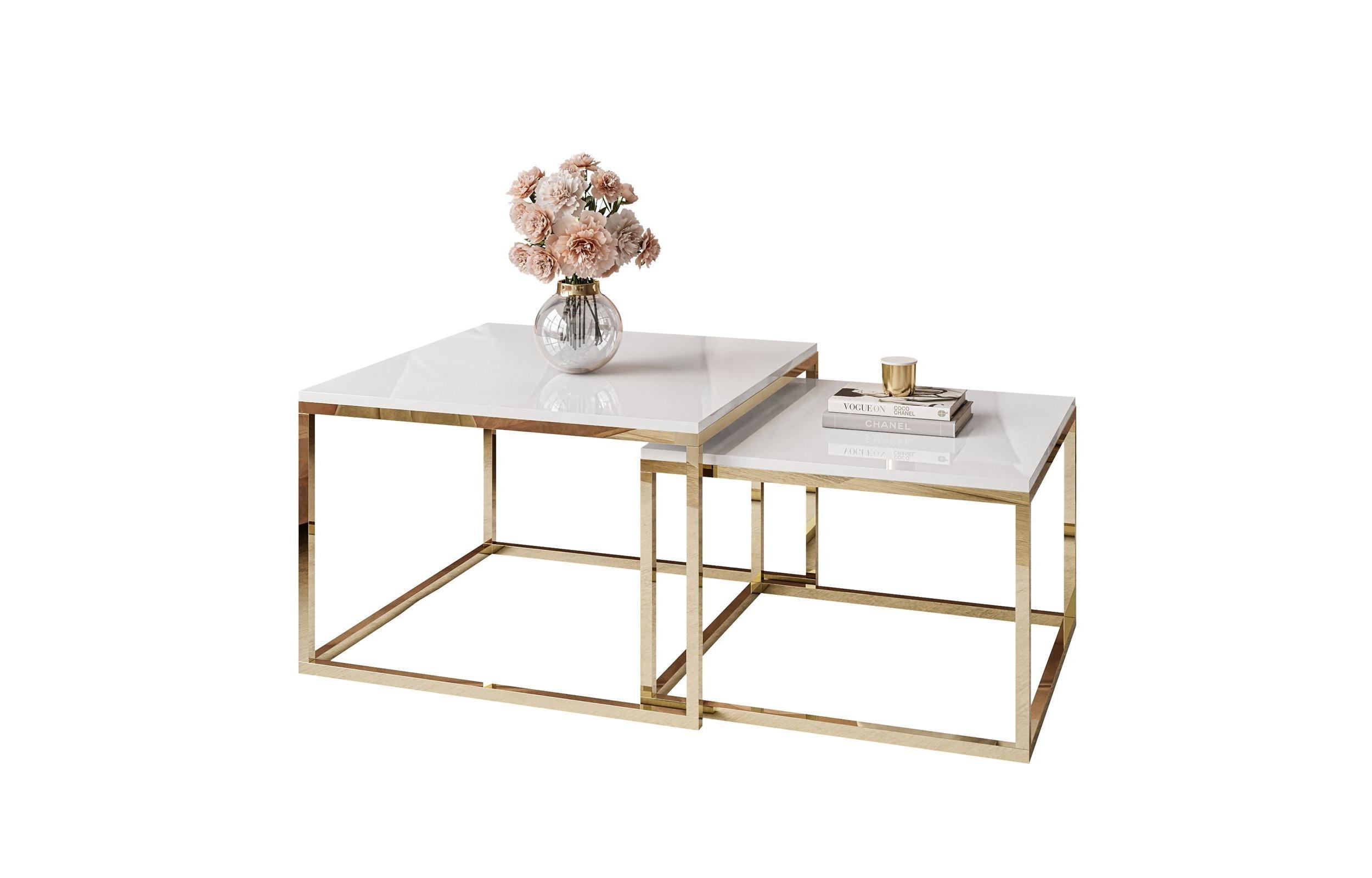 COUCHTISCH YOSHI 2in1 70/70/42 cm Gold Chrom / Weiß Hochglanz - Weiß, Holzwerkstoff/Metall (70/70/42cm) - Lookway