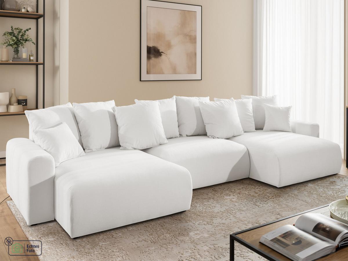 WOHNLANDSCHAFT Calma mit Schlaffunktion und Bettkasten im Bumpy-Design aus weichem Creme Webstoff - Creme/Schwarz, Holz/Textil (336/88/140cm) - S-Style