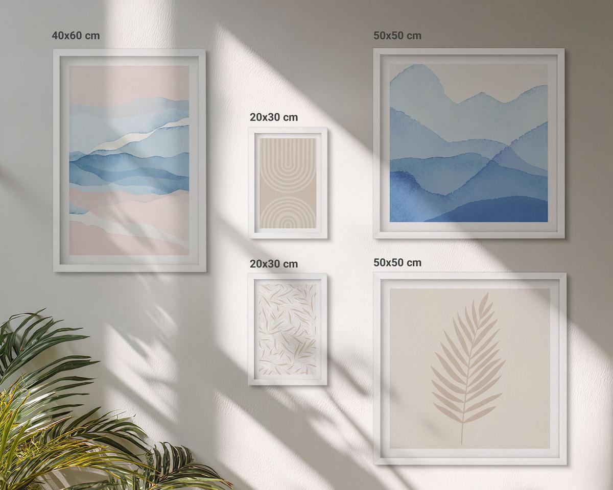 BILDER SET 5er Set - 50x50 cm & 20x30 cm & 40x60 cm Weißer Rahmen - Blätterwellen beige blau - Weiß, Kunststoff (40/60cm) - TULUP