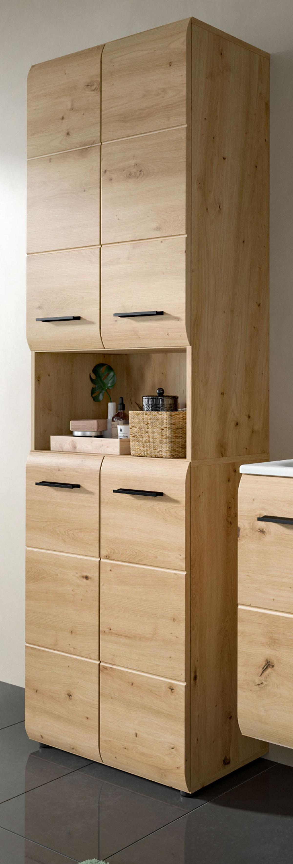 HOCHSCHRANK in Eiche Artisan, Badschrank 4-türig 60 x 185 cm mit viel Stauraum - Schwarz/Eiche Artisan, Holzwerkstoff/Kunststoff (60/185/30cm) - Inn.Furn