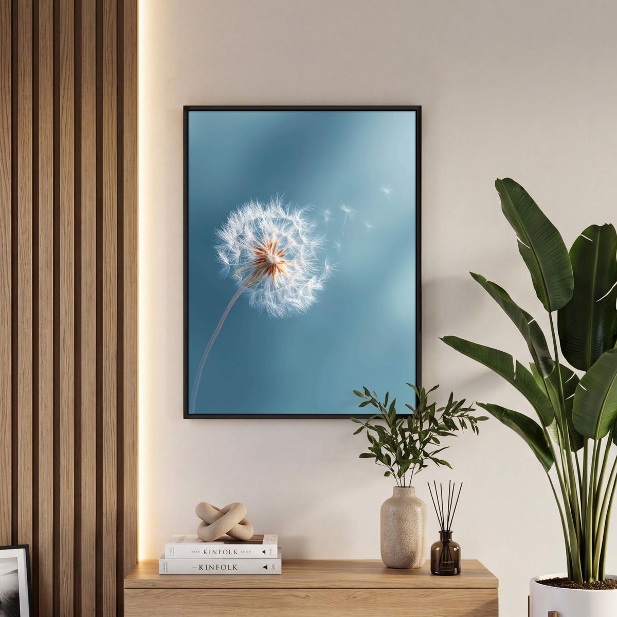 LEINWAND Bilder mit Rahmen - Löwenzahn - Wind - Blau - 60x80 - Blaugrau, Textil (60/80cm) - MuchoWow