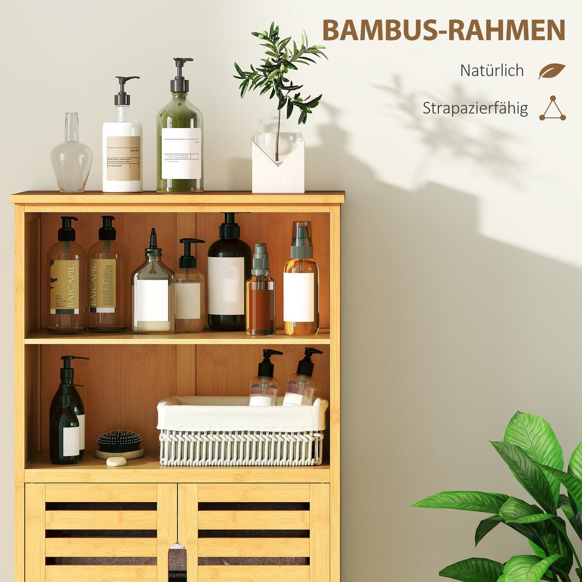 BADEZIMMERSCHRANK, Unterschrank aus Bambus, Badschrank mit Türen, Naturholz - Naturfarben, Holz/Bambusholz (29/92/50cm) - Kleankin