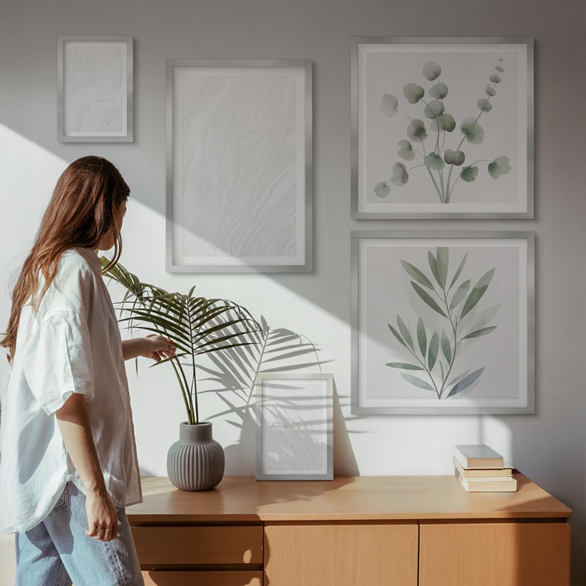 BILDER SET 5er Set - 50x50 cm & 20x30 cm & 40x60 cm Silberner Rahmen - Marmorstruktur, pastellfarbene Zweige - Silberfarben, Kunststoff (40/60cm) - TULUP