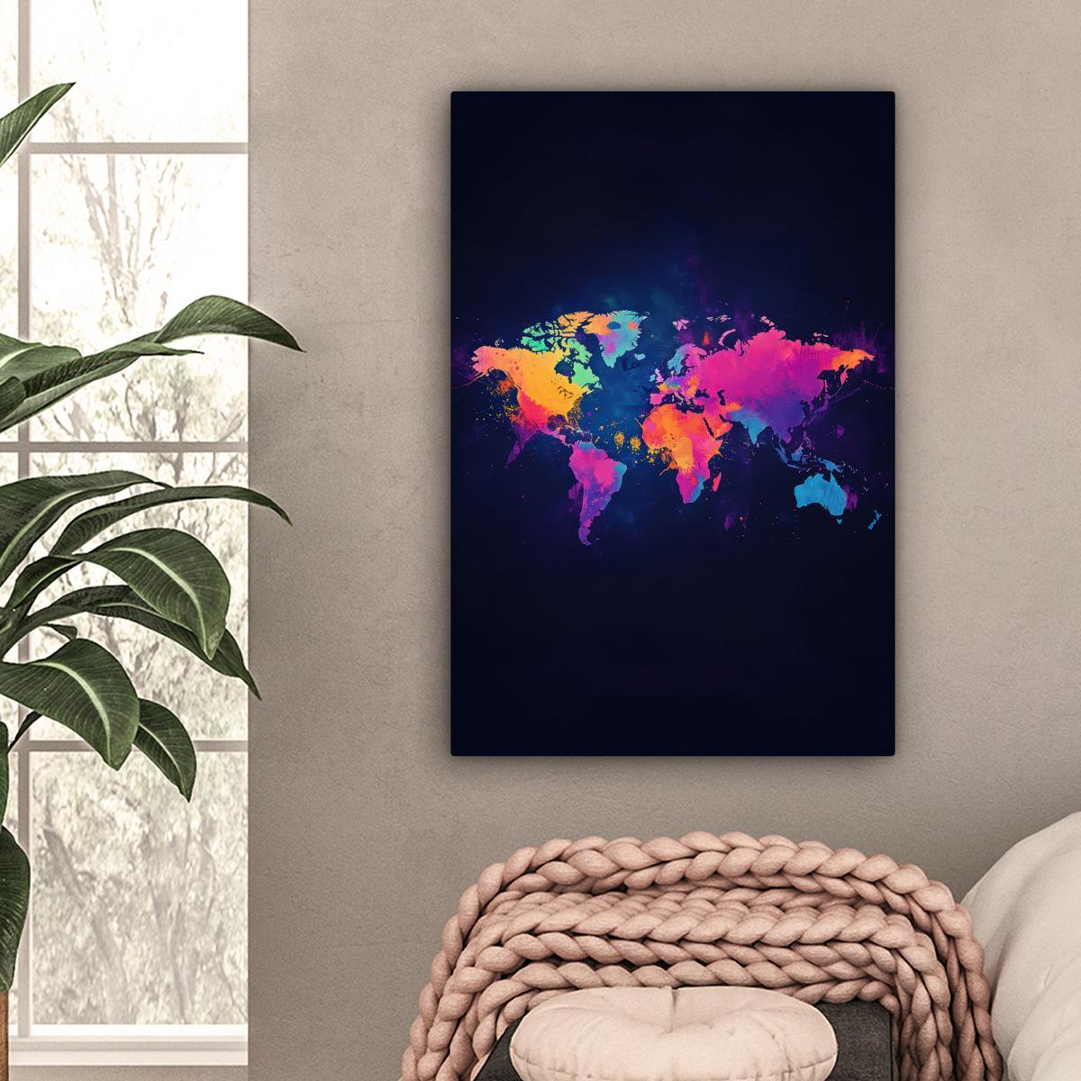 LEINWANDBILD Weltkarte - Bunt - Graffiti Wanddeko 40x60 cm - Multicolor, Textil (40/60cm) - MuchoWow