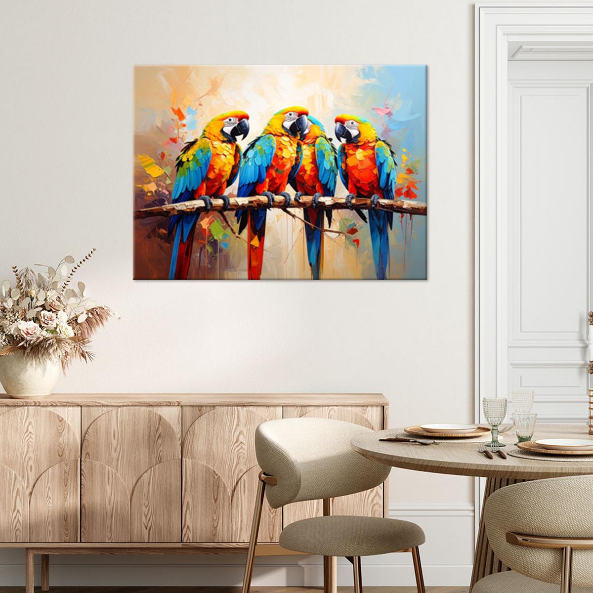 LEINWANDBILD Bunte Papageien Vögel auf einem Ast 90x60cm - Multicolor, Textil (90/60cm) - Feeby