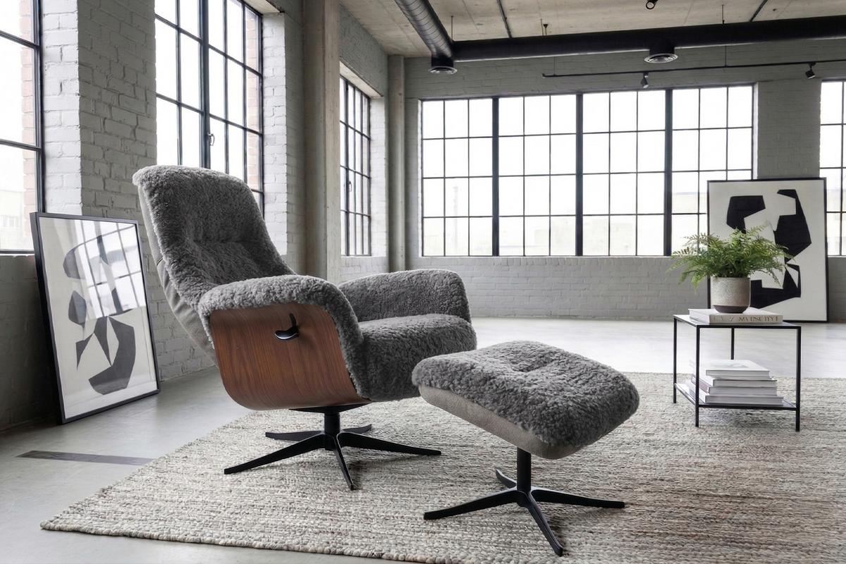 RELAXSESSEL SILVA Hellgrau Schaffell Relaxfunktion - Hellgrau/Schwarz, Naturmaterialien/Fell (77/106/86cm) - KAWOLA