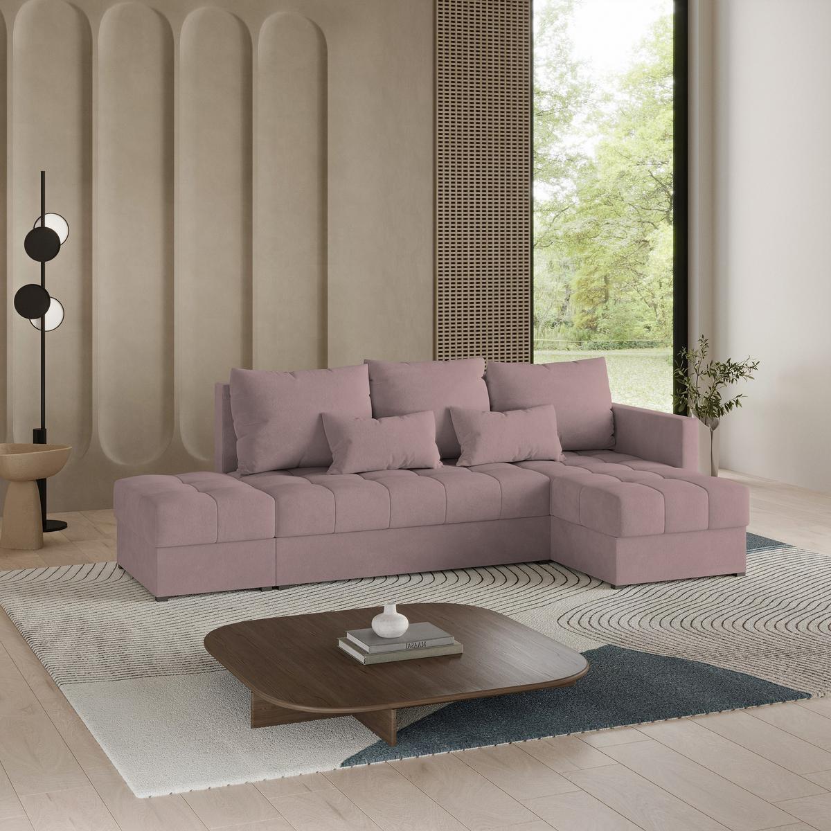 ECKSOFA LUMARI R-S Rosa Plüsch-Stoff mit Schlaffunktion - Rosa, Holz (262/143cm) - MASSENO