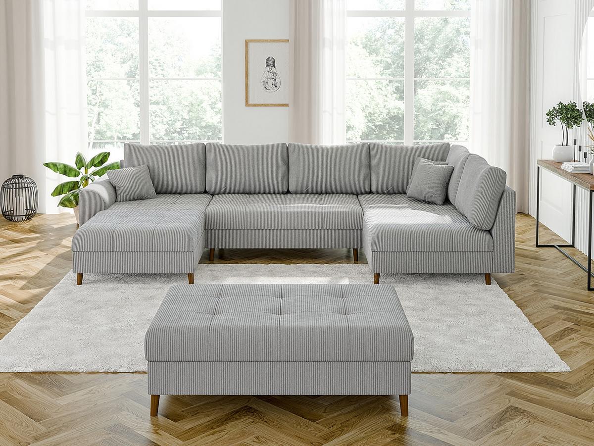 WOHNLANDSCHAFT inkl. Hocker Alma Hellgrau Cord - Hellgrau/Braun, Holz/Textil (310/81/161cm) - S-Style Möbel