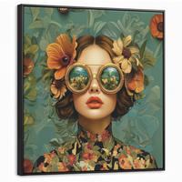 LEINWAND Bilder mit Rahmen - Frau - Blumen - Schmetterlinge - Natur - Vintage - 90x90 - Salbeigrün, Textil (90/90cm) - MuchoWow