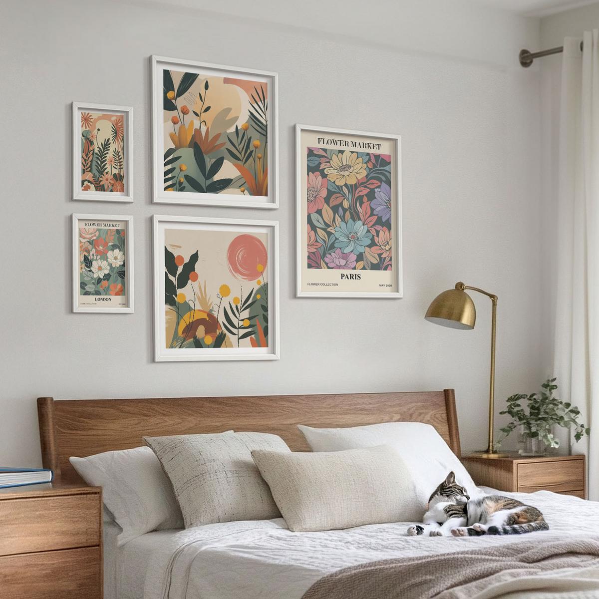 BILDER SET 5er Set - 50x50 cm & 20x30 cm & 40x60 cm Weißer Rahmen - Blumenposter Weinstadt - Weiß, Kunststoff (40/60cm) - TULUP