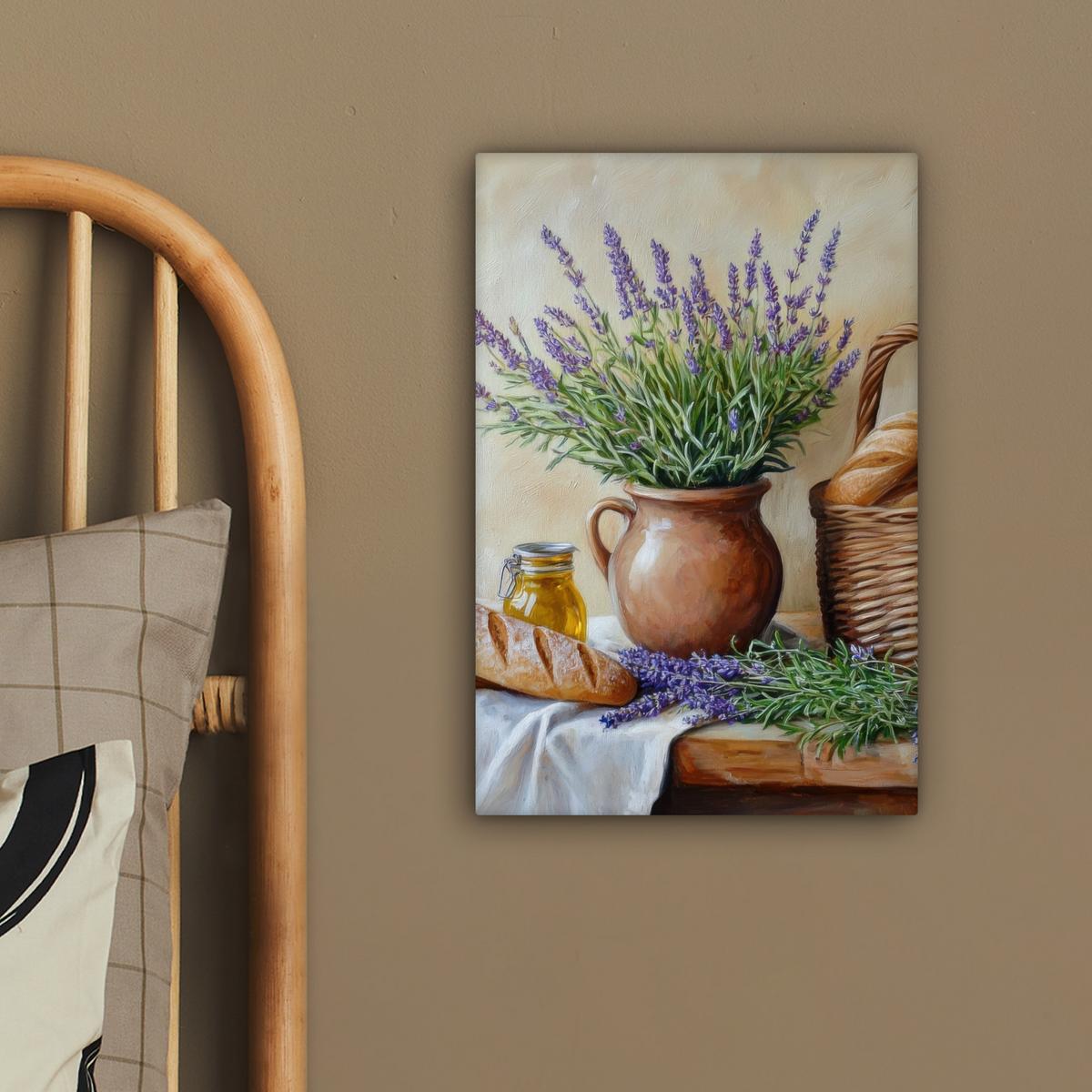 LEINWANDBILD Lavendel - Brot - Stilleben Deko Wohnzimmer 20x30 cm - Flieder, Textil (20/30cm) - MuchoWow