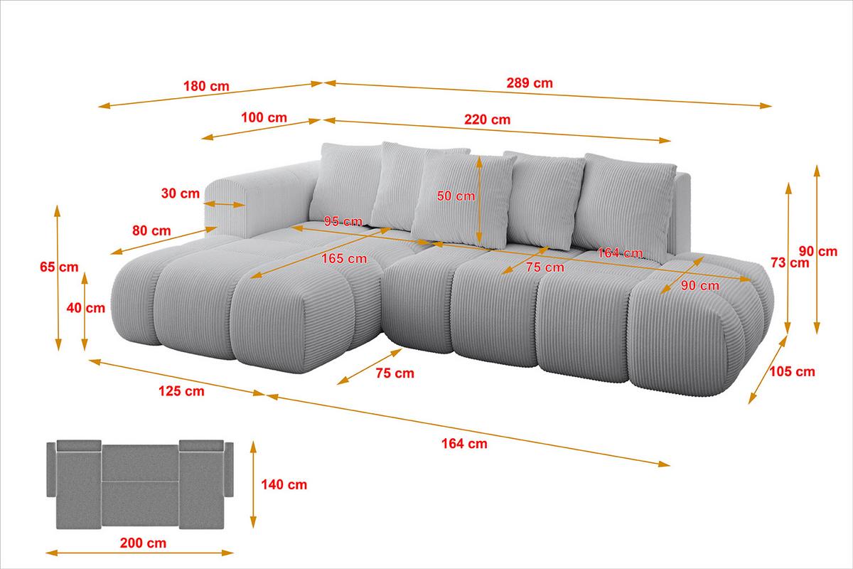 ECKSOFA Ottomane Links CLOUD-L-v1 280x185x90 Grau Cord - Grau, Holzwerkstoff/Kunststoff (180/289cm) - ALTDECOR