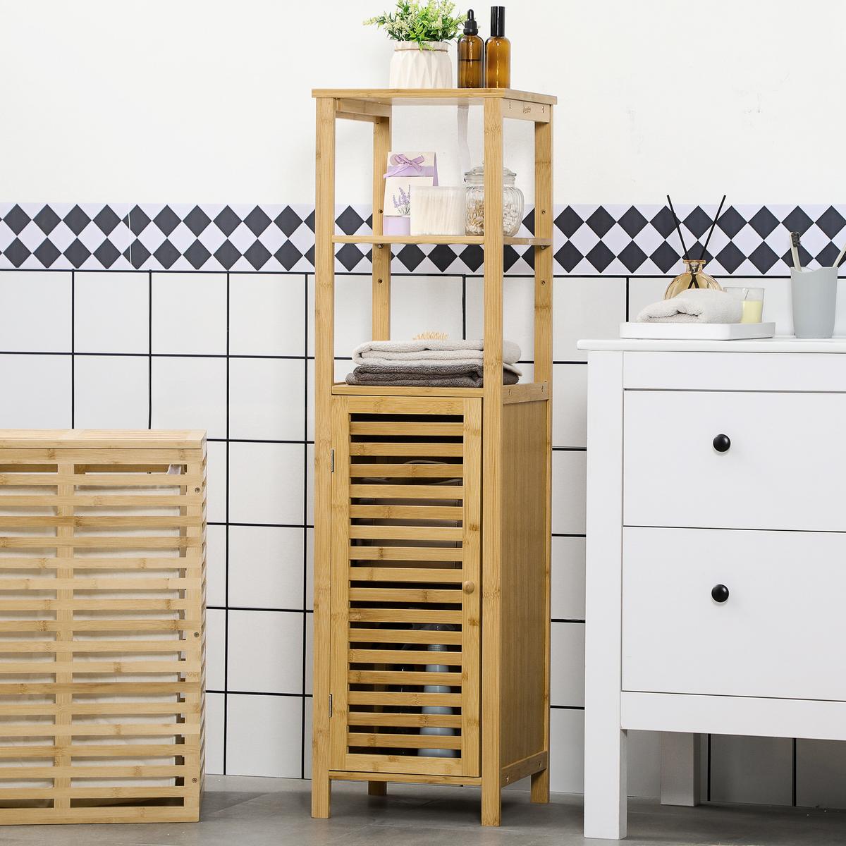 BADEZIMMERSCHRANK höhevestellbar, ca. 33 x 30 x 120 cm Naturholz - Naturfarben, Naturmaterialien (29.9/120/32.9cm) - Kleankin