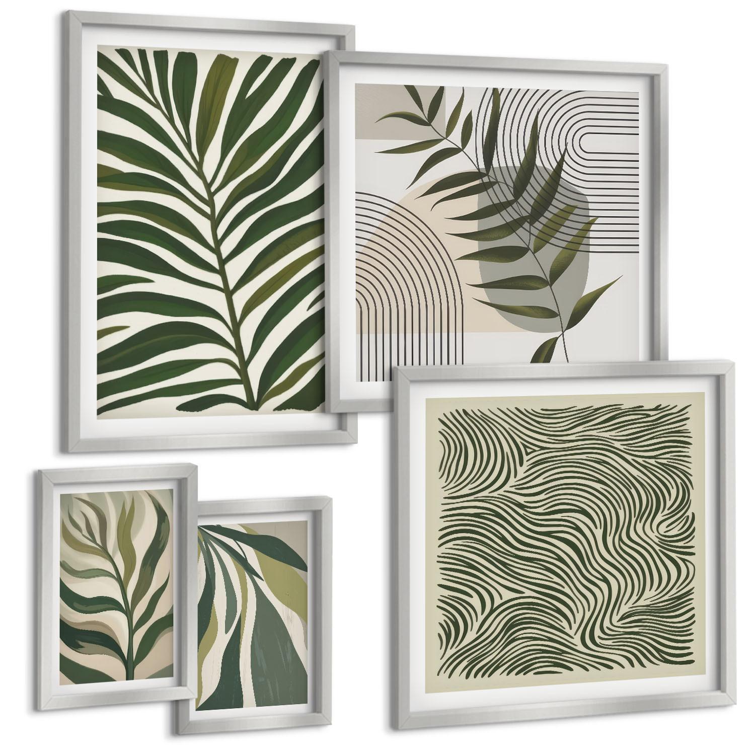 BILDER SET 5er Set - 50x50 cm & 20x30 cm & 40x60 cm Silberner Rahmen - Blätter, Wellen – Pastellillustrationen - Silberfarben, Kunststoff (40/60cm) - TULUP