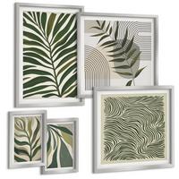 BILDER SET 5er Set - 50x50 cm & 20x30 cm & 40x60 cm Silberner Rahmen - Blätter, Wellen – Pastellillustrationen - Silberfarben, Kunststoff (40/60cm) - TULUP