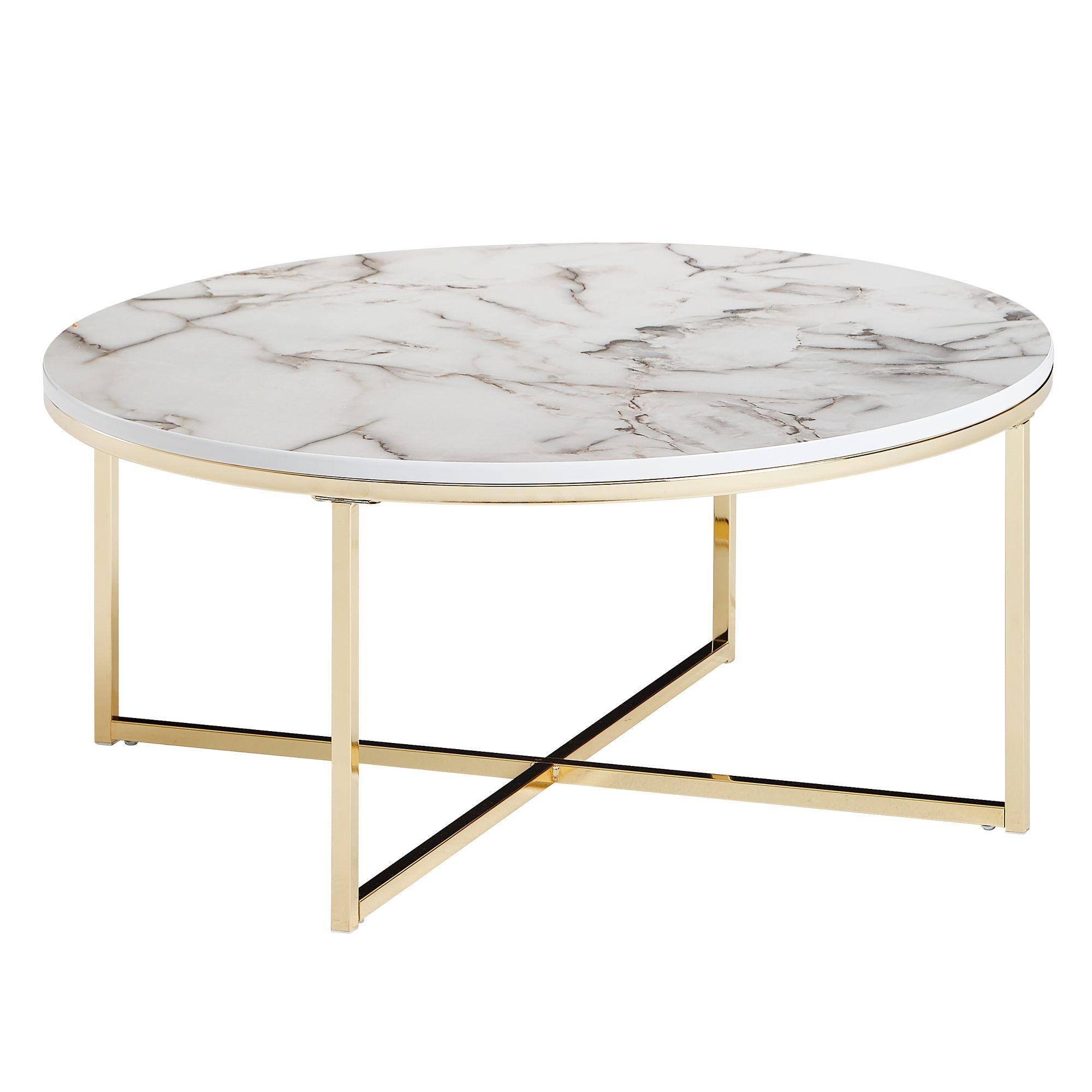 COUCHTISCH mit Marmoroptik und Metall-Gestell, Rund, Weiß 80x80x35 cm - Goldfarben/Weiß, Holzwerkstoff/Metall (80/80/35cm) - KADIMA DESIGN