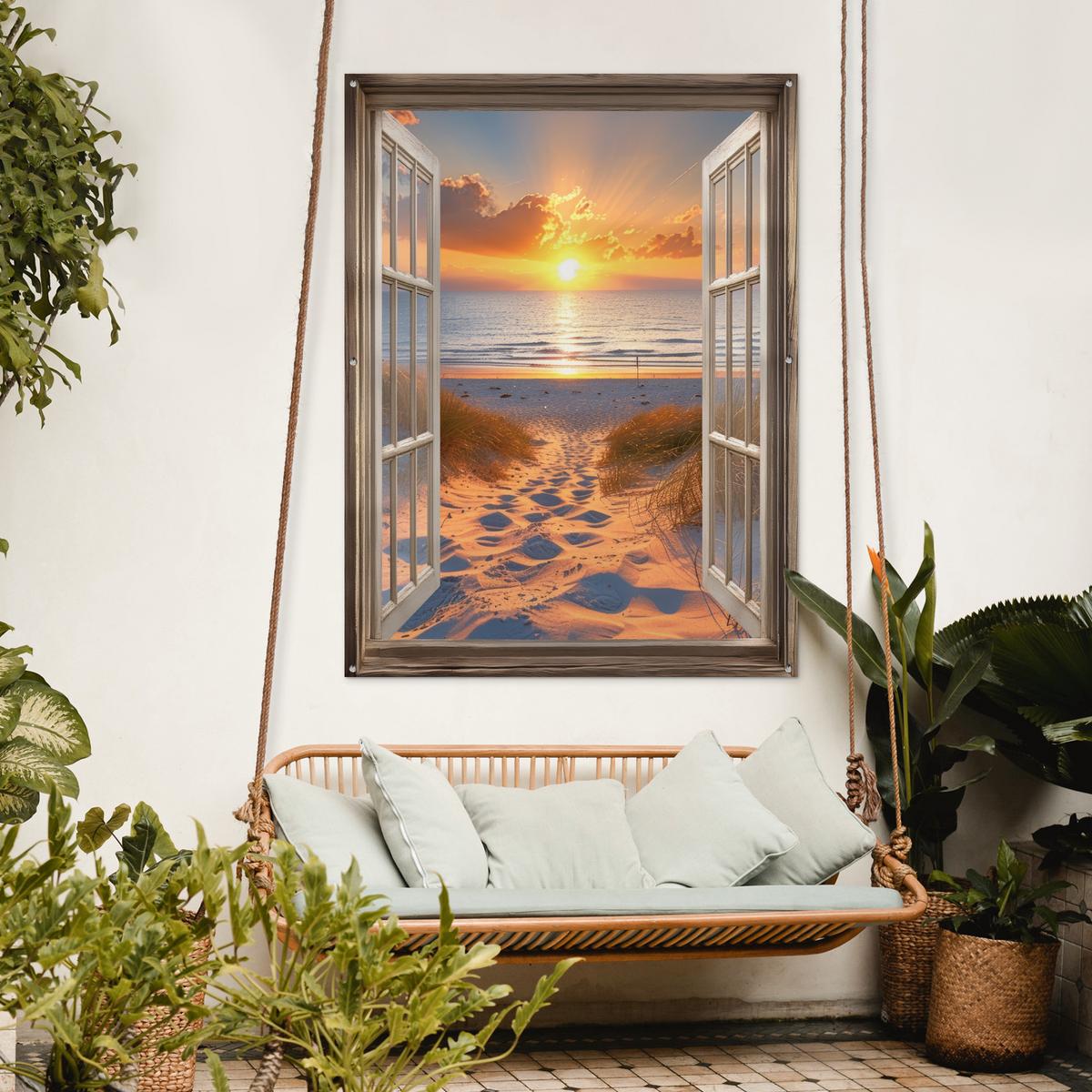 GARTENPOSTER Durchblick - Strand - Dünen - Sonnenuntergang Gartendekoration 120x160 cm - Orange, Kunststoff (120/160/0.2cm) - OnlyWow