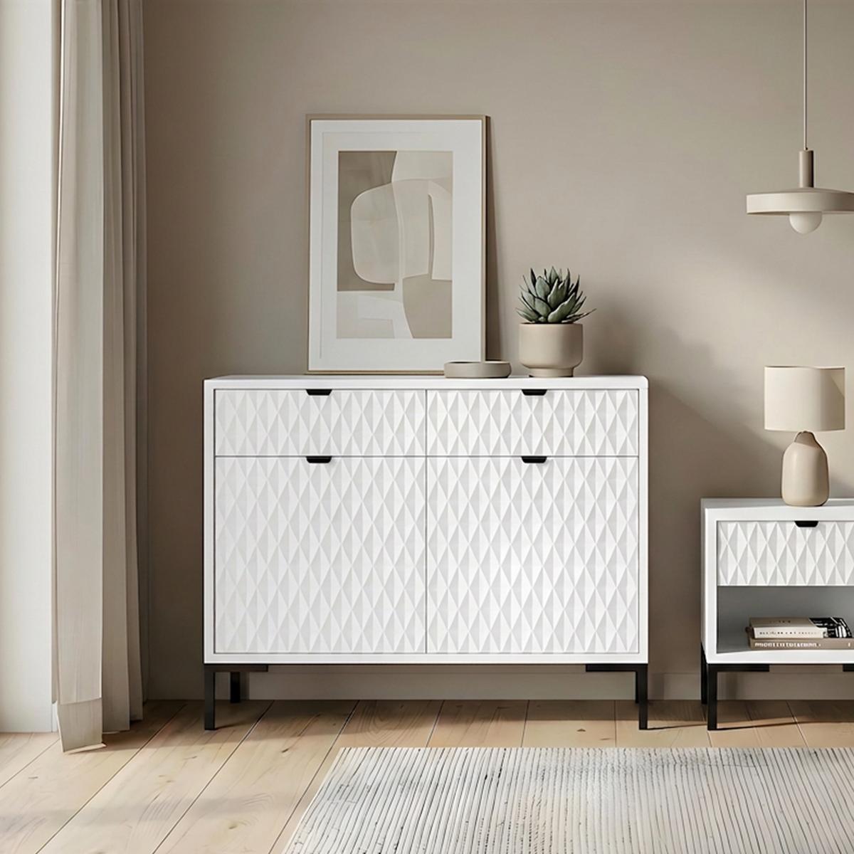 KOMMODE Montreal mit 2 Türen und 2 Schubladen, dekorative 3D-Fronten, 100 cm, Weiß - Schwarz/Weiß, Holzwerkstoff/Metall (101/85/40cm) - Beautysofa