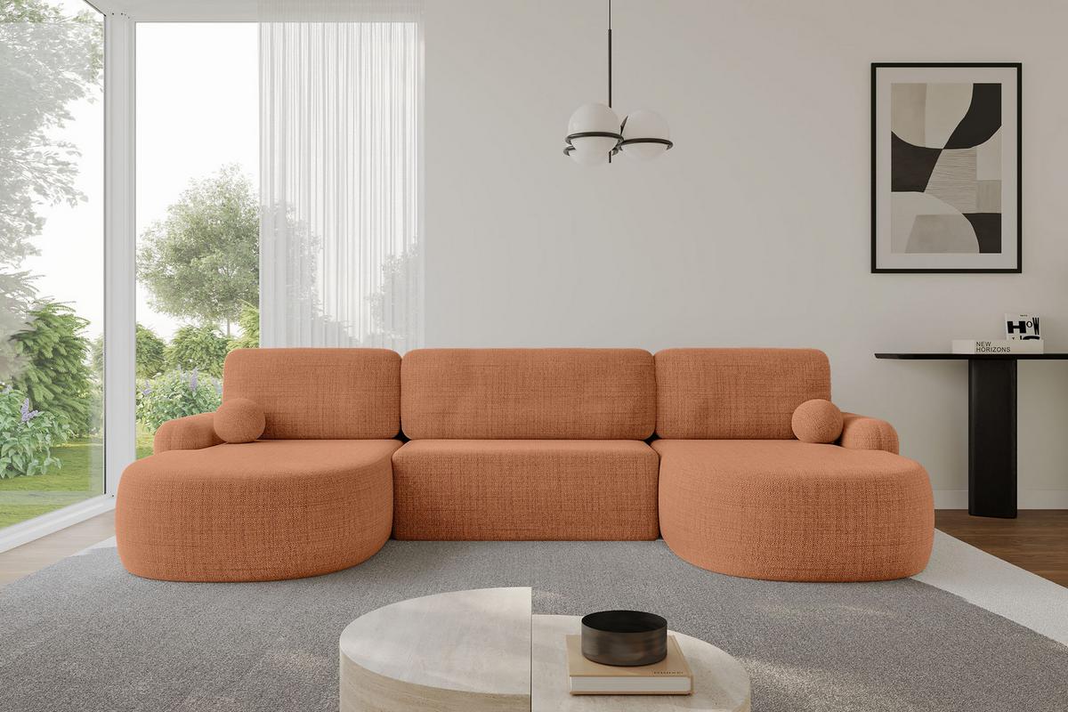 WOHNLANDSCHAFT mit Schlaffunktion und Bettkasten LIRA-U - 335x172x89 Apricot - Dunkelorange, Holzwerkstoff/Textil (335/89/172cm) - ALTDECOR