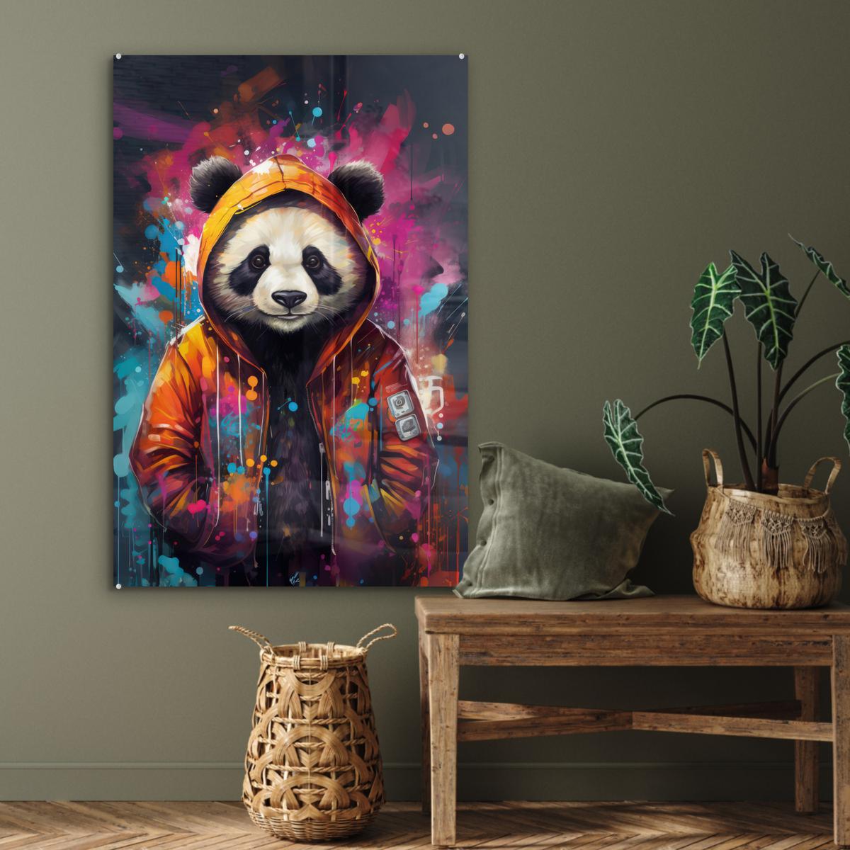 ACRYLGLASBILD Panda - Jacke - Graffiti - Orange 80x120 cm - Orange, Glas (80/120cm) - MuchoWow