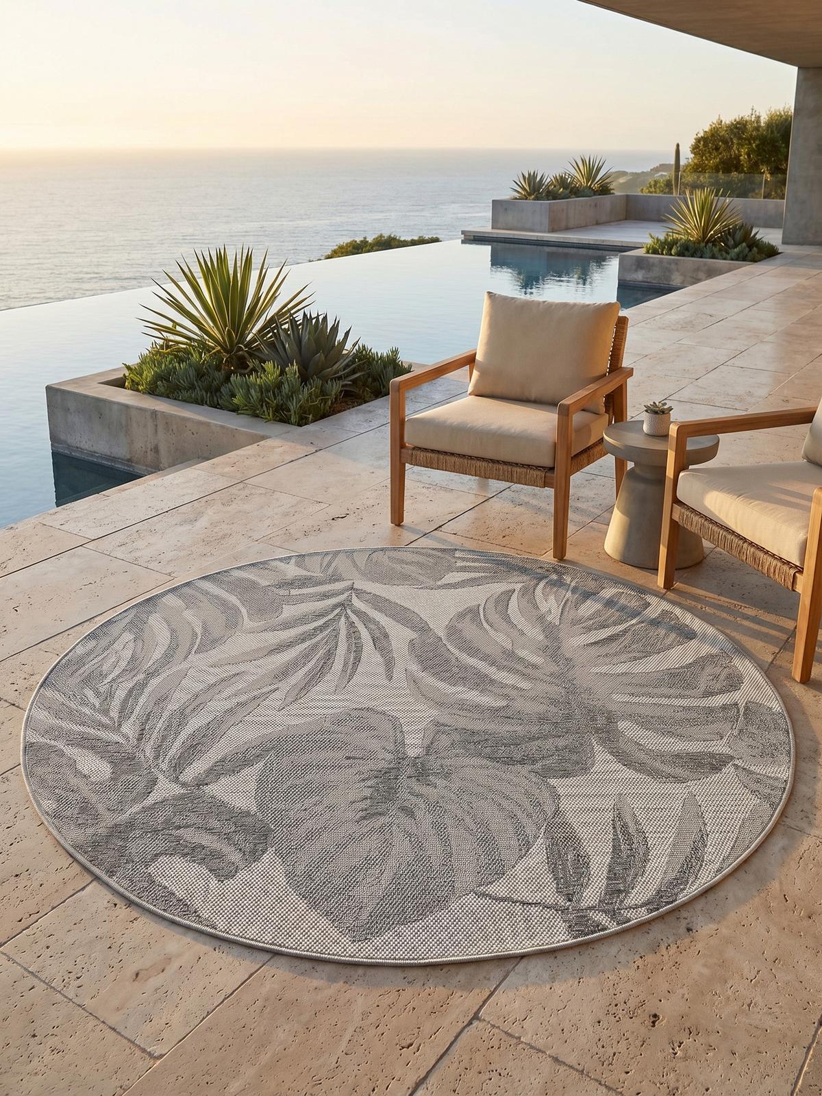 TEPPICH Outdoor VENTOUX in Grau, mit Tropen-Motiv, Ø 120 cm - Grau, Textil (120/120cm) - KADIMA DESIGN