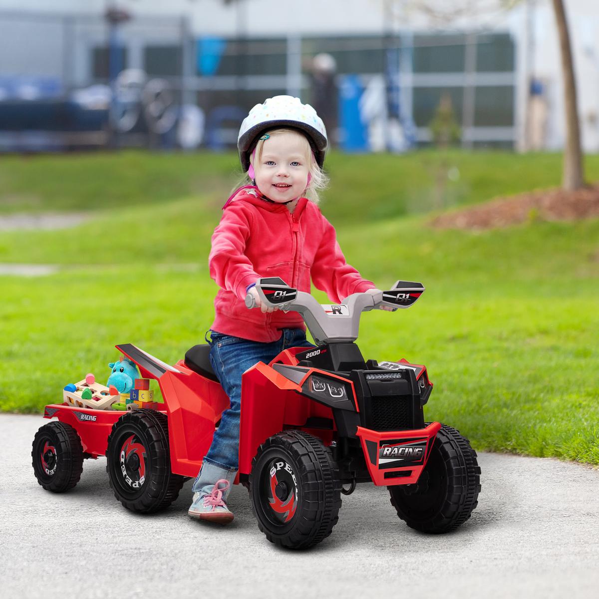 KINDERQUAD Kinder Elektro-Quad 6V Elektroauto mit Anhänger, 2,5 km/h Metall Rot - Rot, Metall (106/41.5/48.5cm) - HOMCOM