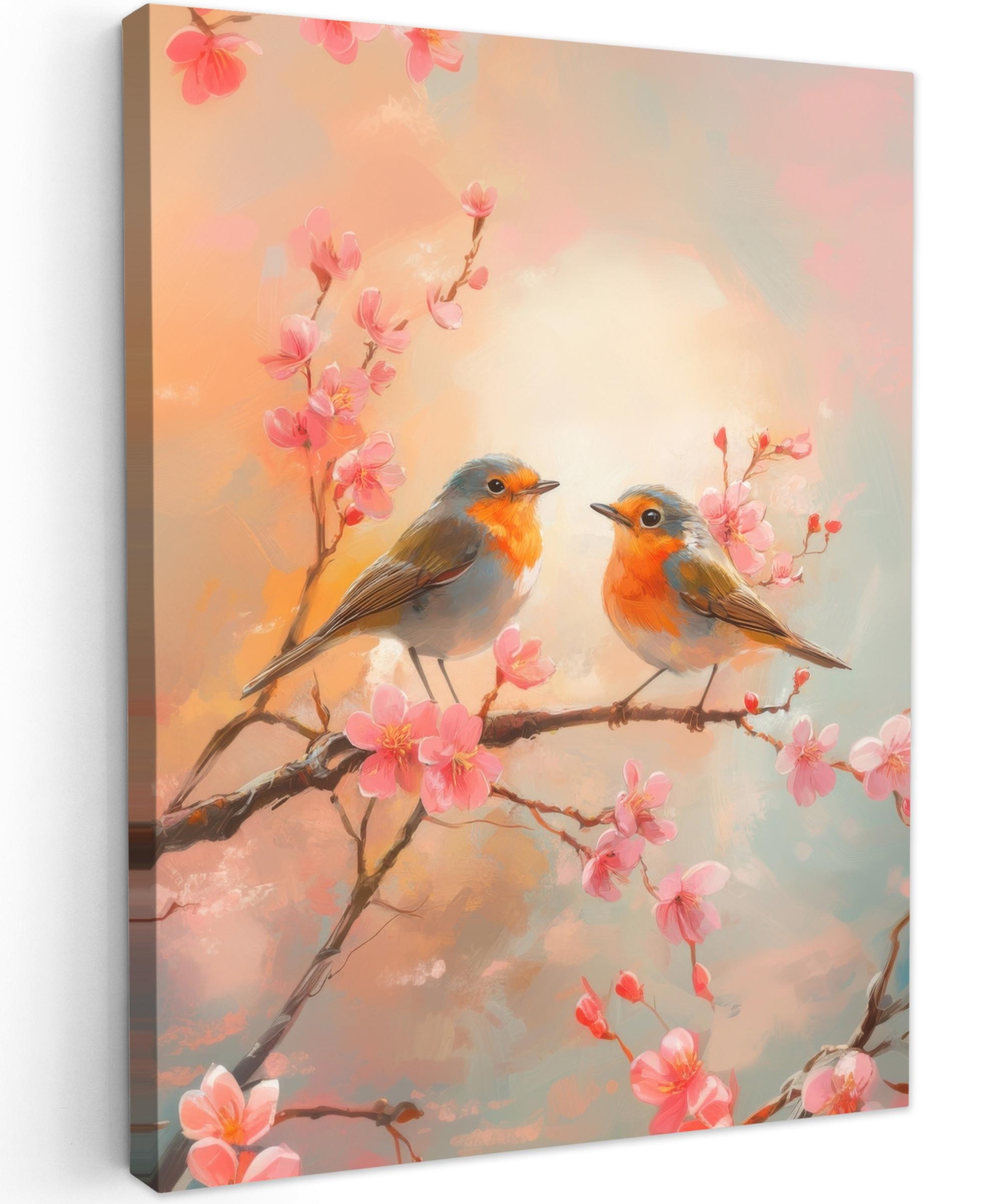 LEINWANDBILD Rotkehlchen - Zierpflanze - Blütenzweig Wandbild Wohnzimmer 60x80 cm - Hellrosa, Textil (60/80cm) - MuchoWow