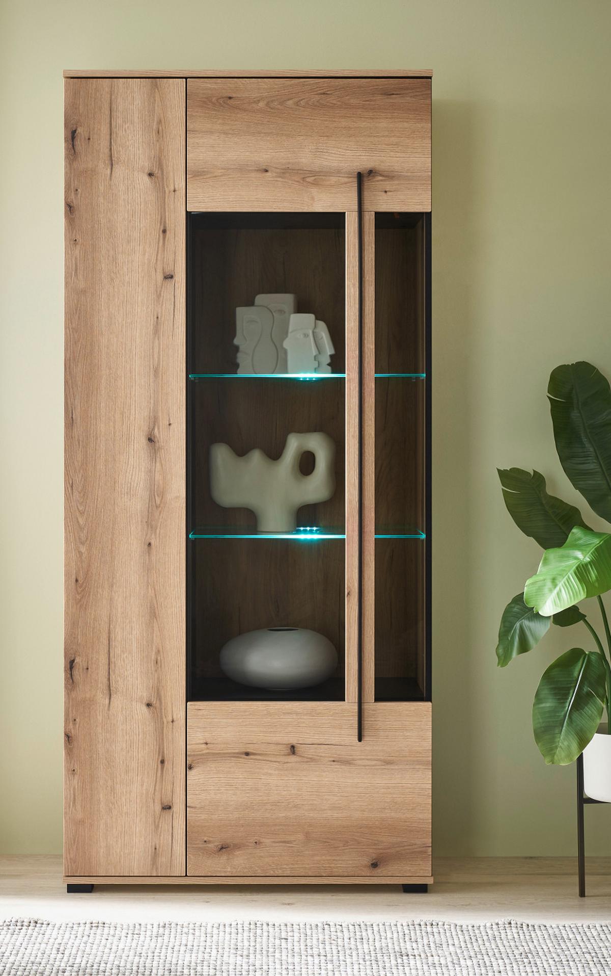 VITRINE Eiche Evoke, großer Vitrinenschrank 90 x 200 cm inklusive Beleuchtung - Eichefarben/Schwarz, Glas/Holzwerkstoff (90/200/37cm) - Furn.Design