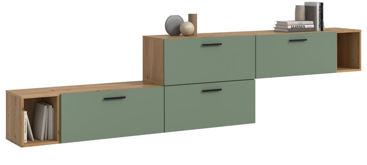 SIDEBOARD grün, Eiche Artisan 277 cm, Kommode mit Soft-Close - Schwarz/Eiche Artisan, Holzwerkstoff/Kunststoff (277/65/34cm) - Inn.Furn