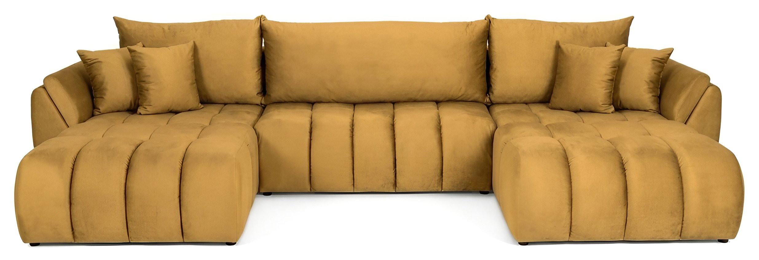 ECKSOFA Iris U mit Schlaffunktion und Bettkasten, U-Form – Senfgelb Samt 382/184/85 cm - Dunkelgelb/Schwarz, Kunststoff/Textil (382/184cm) - WFL GROUP