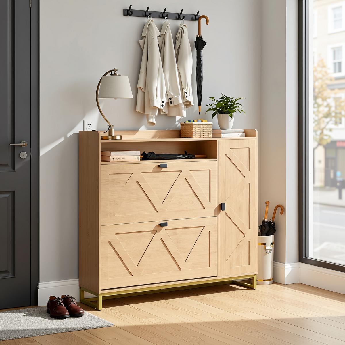 SCHUHSCHRANK mit klappdeckel in natur mit metallgestell, 2 kipper & seitenschrank - Naturfarben, Holzwerkstoff (110/100/24cm) - Urban Meuble