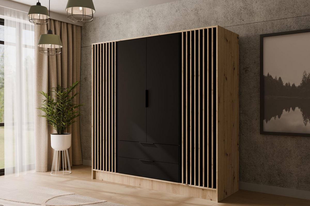 KLEIDERSCHRANK NELIA - 200 cm - Schwarz/Eiche Artisan, Holzwerkstoff (200/200/51cm) - ALTDECOR
