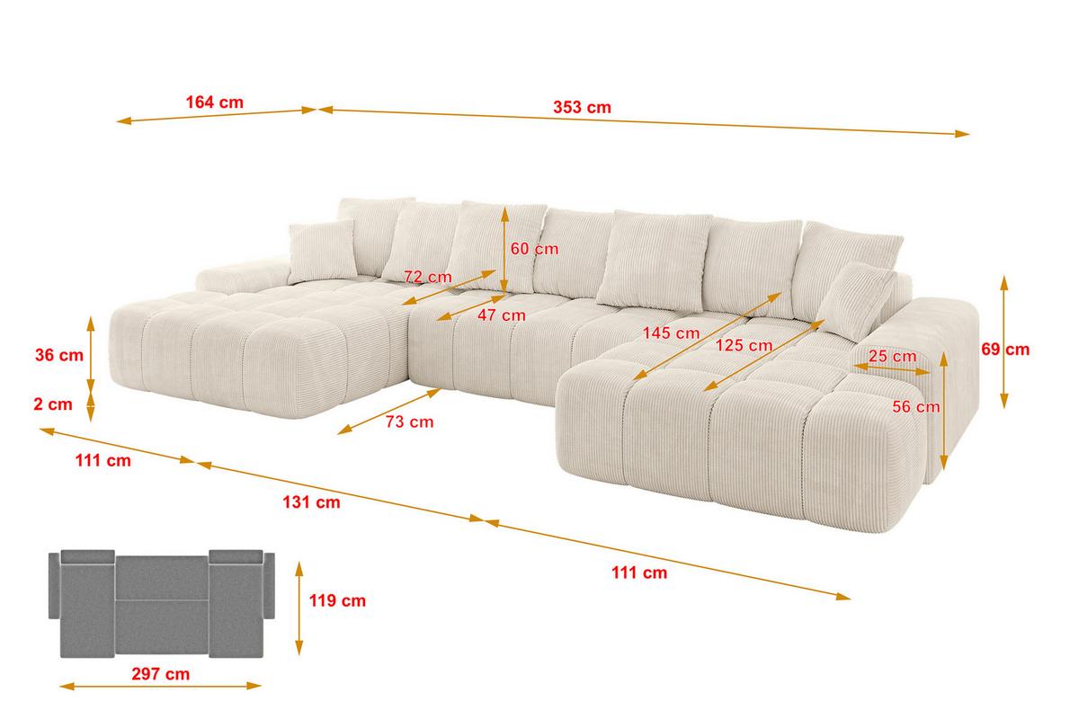 WOHNLANDSCHAFT ENSI-U - 353x164x69 cm Beige - Beige, Holzwerkstoff/Kunststoff (357/69/164cm) - ALTDECOR