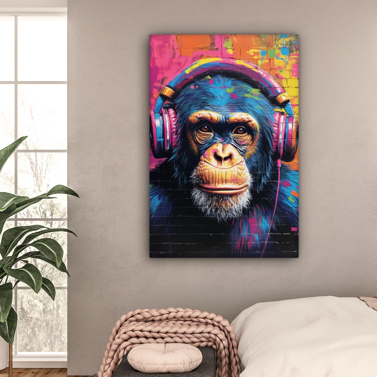 LEINWANDBILD Graffiti - Schimpanse - Straßenkunst - Kopfhörer - Affe Deko XXL 80x120 cm - Blau, Textil (80/120cm) - MuchoWow