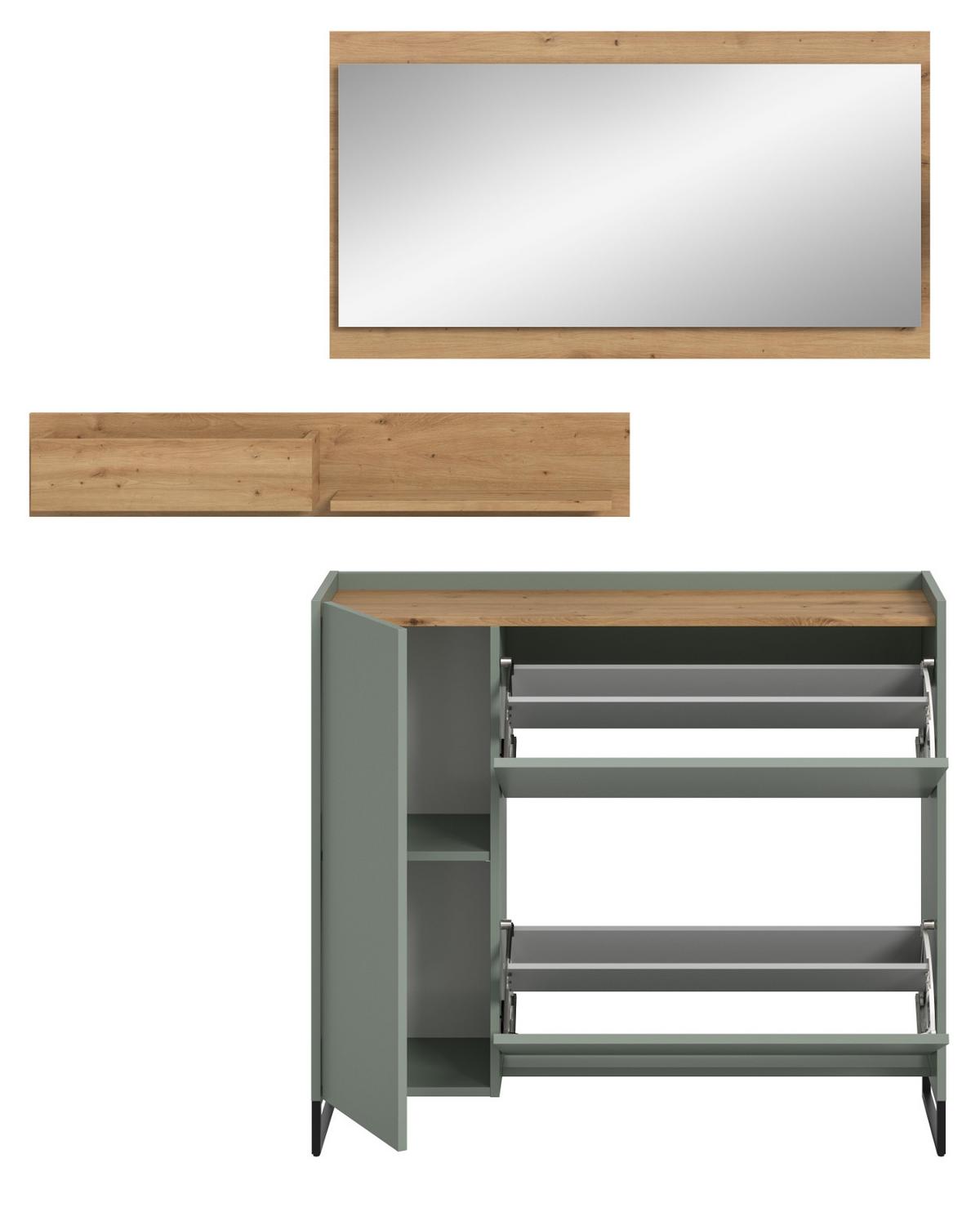 GARDEROBE-SET Salbei und Artisan Eiche, Garderobe 3-teilig, 140 x 192 cm, Soft-Close, Borga - Salbeigrün/Schwarz, Holzwerkstoff/Metall (140/192/32cm) - Inn.Furn
