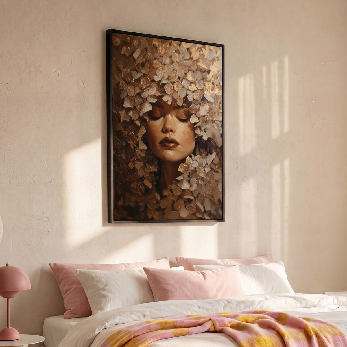 LEINWAND Bilder mit Rahmen - Gesicht - Dame - Blätter - Pinselstriche - 80x120 - Goldfarben, Textil (80/120cm) - MuchoWow