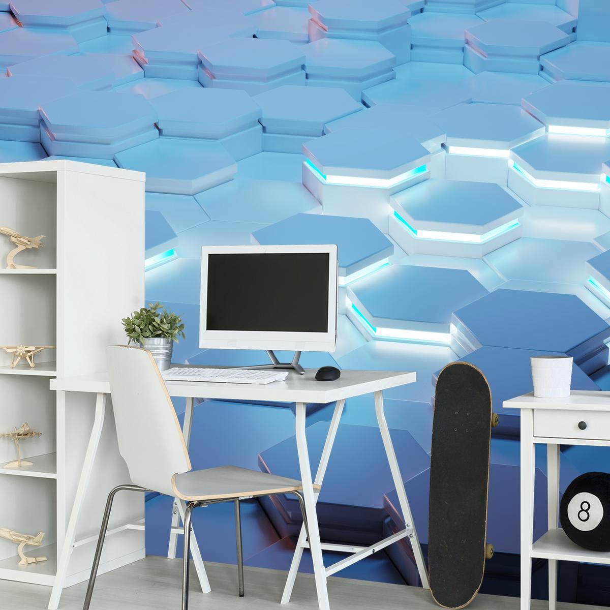 FOTOTAPETE für Jugendzimmer Blaue Neon Hexagone Formen Geometrie 500x350 - Blau/Weiß, Papier (500/350cm) - Muralo